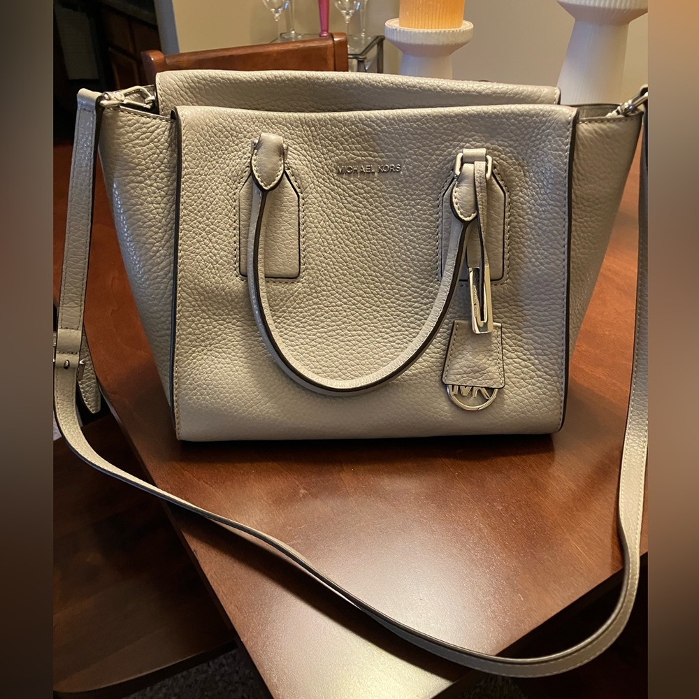 Michael Kors Light Gray Leather Satchel Bag With Dust Bag